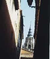 The Cathedral through  the narrow bylanes of Toledo town, Spain