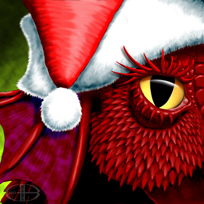 Close-up of red dragon wearing a Santa hat. For "The Truth About Santa Claus"