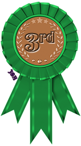 A ribbon for 3rd Place in green & bronze.