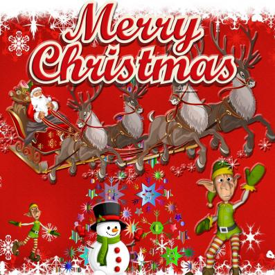 Christmas image of Santa, reindeer, snowman and elves. 