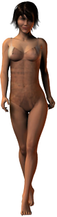 A woman is standing in a brown swimsuit.