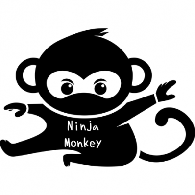 Left facing shadow monkey signature with words on shirt for Ninja Monkeys