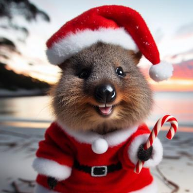 A quokka dressed as Santa Claus