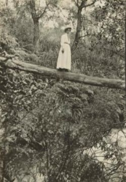 A victorian lady stands on a bridge formed by a fallen tree.