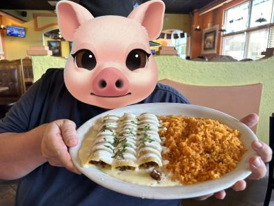 Piggy with an Enchilada Plate at a Mexican restaurant!