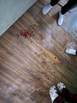 A floor with blood on it after a sibling nearly cut her own finger off!