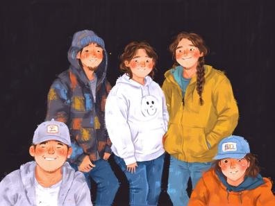 Artwork of the family camping out on a cold, winter night.