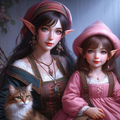 Picture of female elves and pet cat.