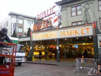 Pike Place Market  ~  November morning at the farmer's market, Seattle, Washington. The La Salle, a former hotel and brothel is in the upper left hand corner. 