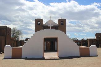 San Geronimo (St. Jerome) Church, Taos Pueblo ~  The present San Geronimo, or St. Jerome, Chapel was completed in 1850 to replace the original church which was destroyed in the War with Mexico by the U.S. Army in 1847. That church, the ruins still evident on the west side of the village, was first built in 1619. It was then destroyed in the Spanish Revolt of 1680 but soon rebuilt on the same site. St. Jerome is the patron saint of Taos Pueblo.