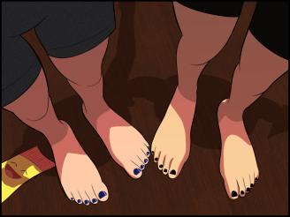 Chapter 35 - Illustration 1 ~ When we placed our feet side-by-side, it highlighted the differences in our toes. Mine were skinnier than Minh T.’s while also being longer. They were like weird fingers the more I stared at them. Yet Minh T.’s toes were shorter and chubbier. Although they weren’t child-sized, she had the smaller feet. Aw, if only I had those. Less people would’ve mocked me growing up.