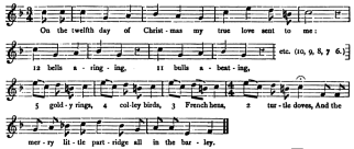 12 Days of Christmas ~   "  
On the twelfth day of Christmas, 
*Space* *Space* *Music1* my true love sent to me

Twelve drummers drumming
  Eleven pipers piping

Ten lords a-leaping
*Space* *Space* *Music2* Nine ladies dancing

Eight maids a-milking
  Seven swans a-swimming

Six geese a-laying
*Space* *Space* *Music2* Five golden rings

Four calling birds
  Three french hens

Two turtle doves and
*Space* *Space* *Music2* A partridge in a pear tree
  "  

 
*Snow2*

 
 





 ...